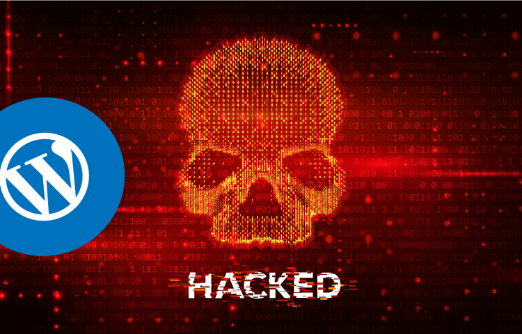Vulnerabilità di sicurezza di WordPress con sfondo di hacking e skull digitale in rosso, evidenziando l'importanza di proteggere i siti web WordPress dagli attacchi informatici.
